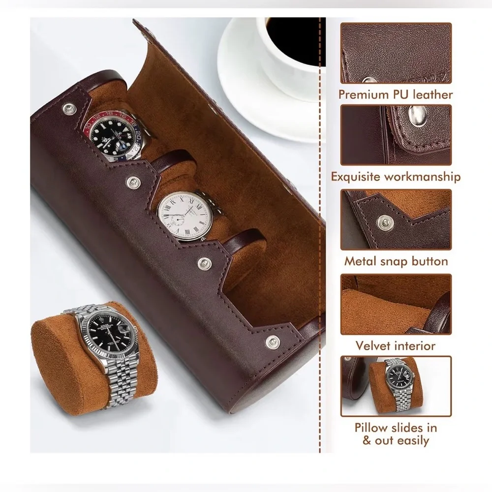 Lefor·Z Brown Leather Watch Roll 3 Slot Travel Case Luxury Organizer - Picture 3 of 8